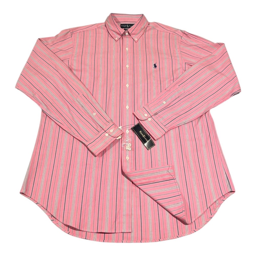 NWT Ralph Lauren Men's 16 Classic Fit Pink Blue Stripe Button-Down Shirt